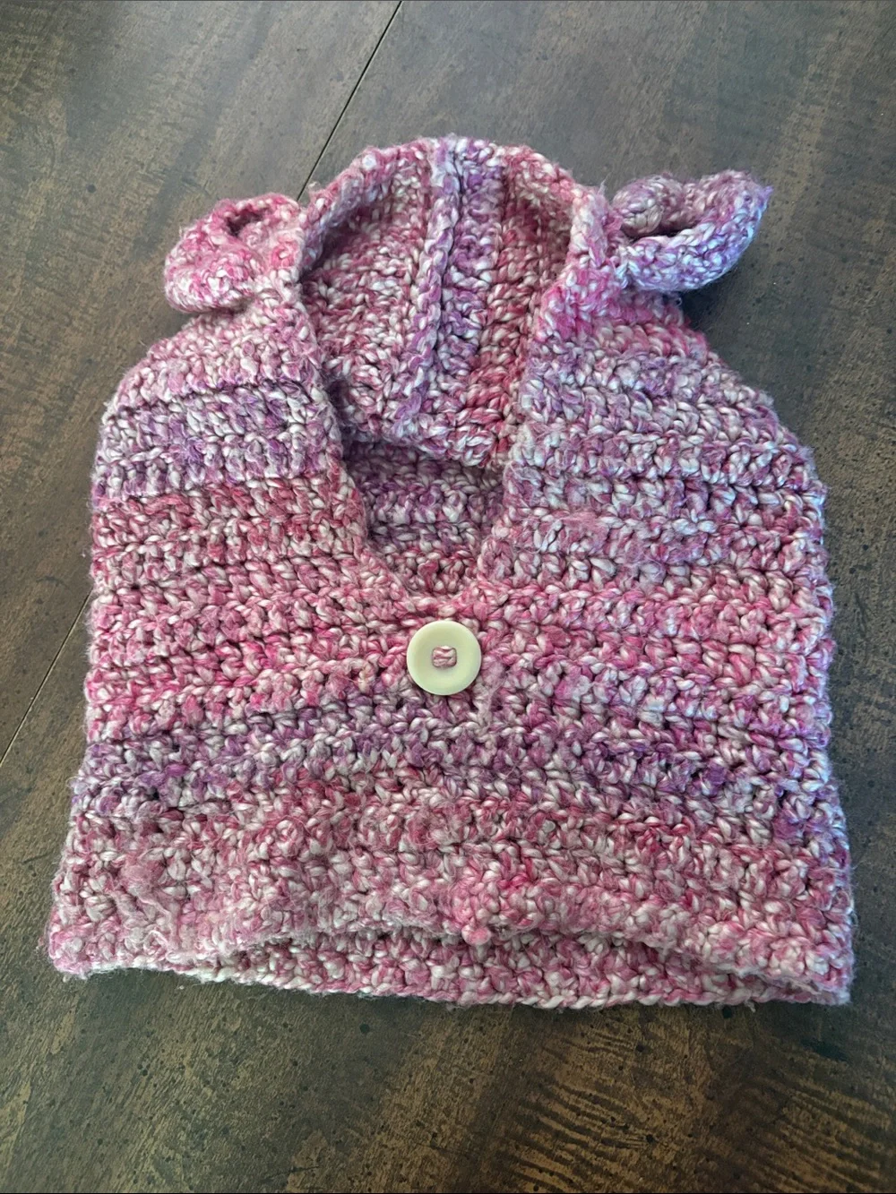 Handmade Pink Crochet Ear Hoodie with Button